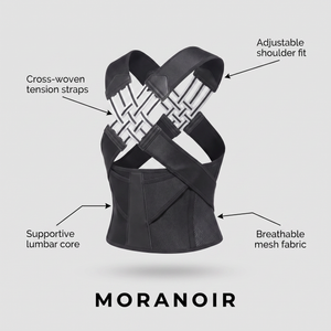 Moranoir posture corrector features — cross-woven tension straps, adjustable shoulder fit, supportive lumbar core, breathable mesh fabric