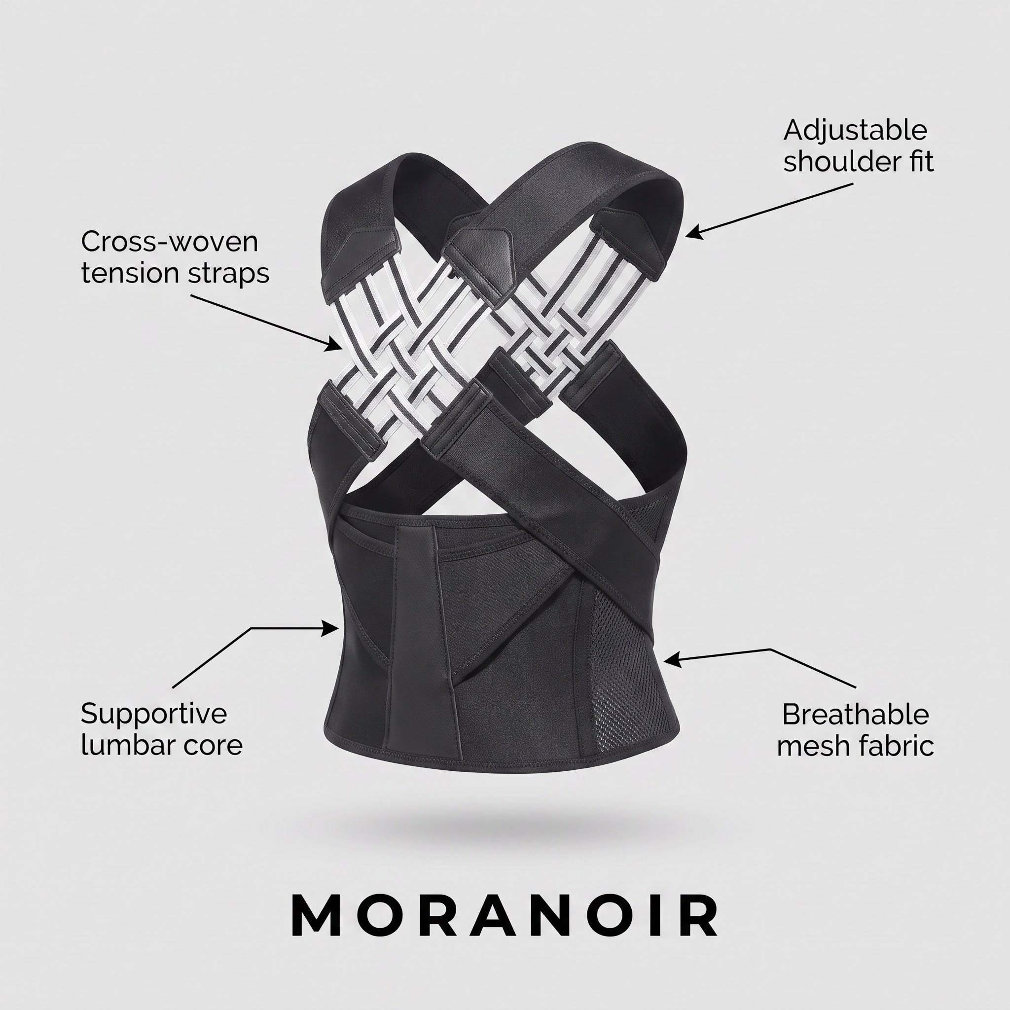 Moranoir posture corrector features — cross-woven tension straps, adjustable shoulder fit, supportive lumbar core, breathable mesh fabric