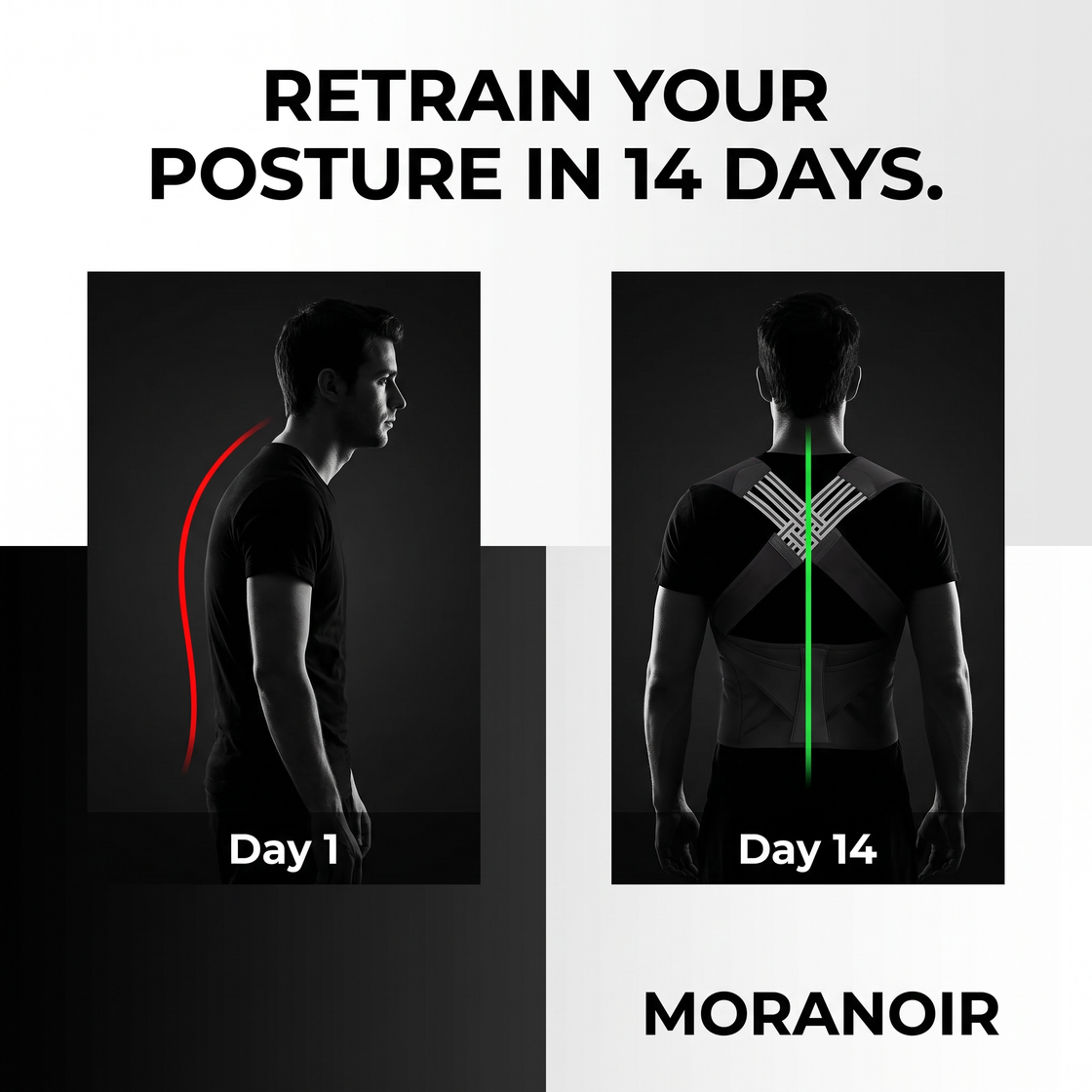 Retrain your posture in 14 days — Day 1 slouched vs Day 14 aligned with the Moranoir posture corrector