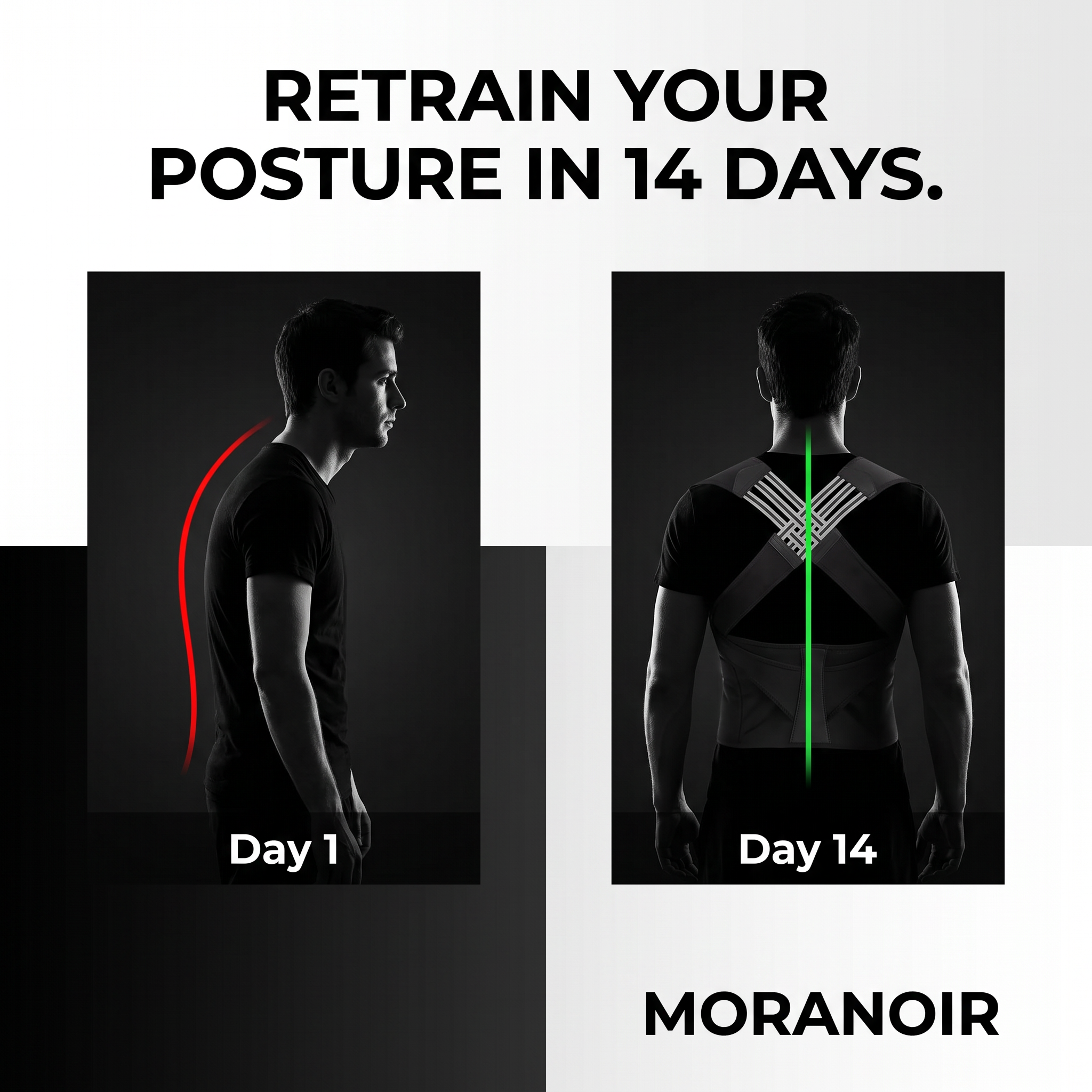 Retrain your posture in 14 days — Day 1 slouched vs Day 14 aligned with the Moranoir posture corrector