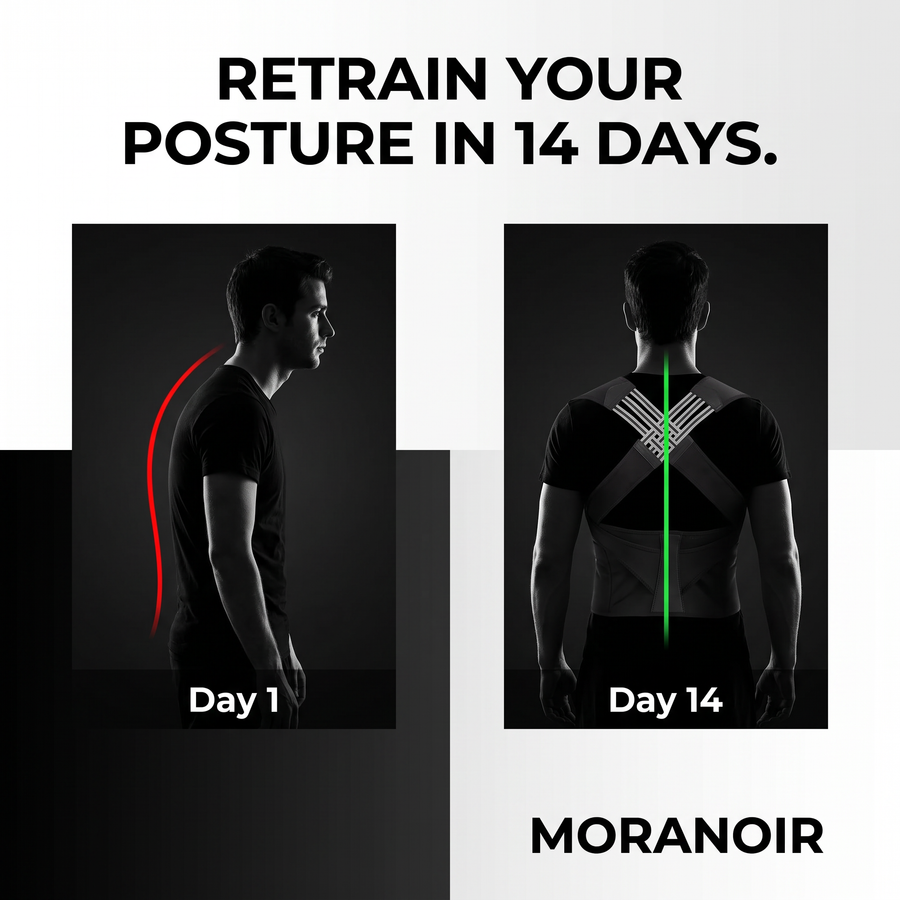 Retrain your posture in 14 days — Day 1 slouched vs Day 14 aligned with the Moranoir posture corrector