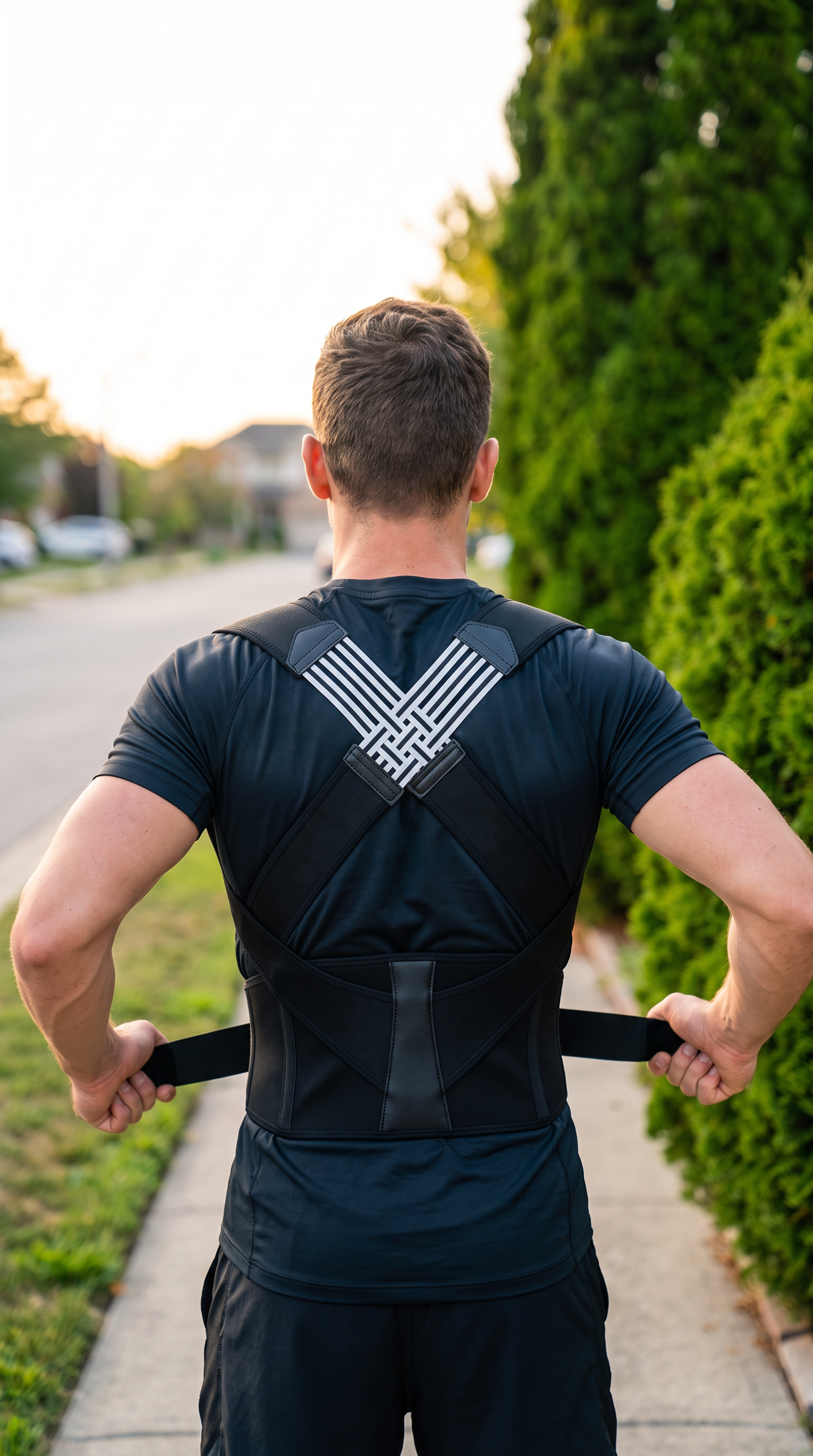 Man tightening the Moranoir posture corrector side tension straps outdoors