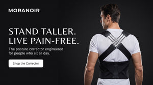 Moranoir posture corrector — Stand taller, live pain-free. Model wearing the black corrector with cross-woven support straps.