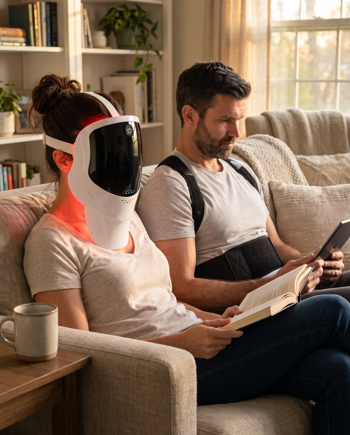 A couple on the sofa: she reads wearing the Moranoir LED mask, he sits upright in the Moranoir Posture Corrector