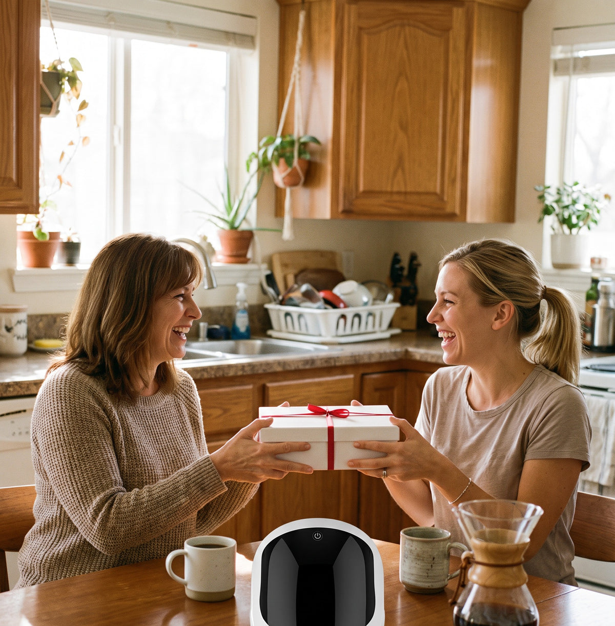 Two friends at a kitchen table exchanging a ribboned gift box, a Moranoir LED mask on the table