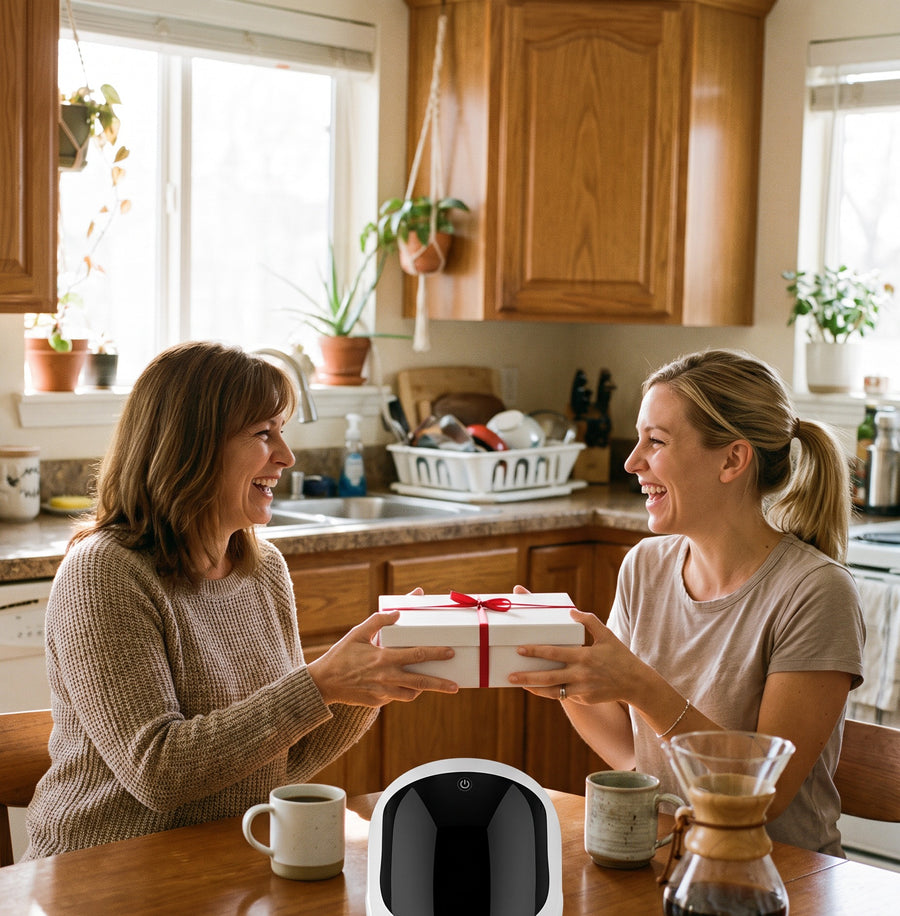 Two friends at a kitchen table exchanging a ribboned gift box, a Moranoir LED mask on the table