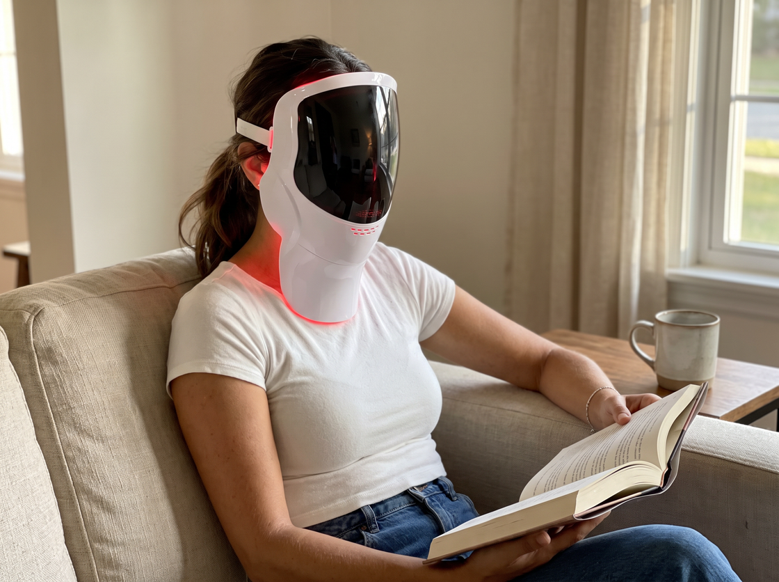 Reading on the sofa while wearing the Moranoir LED light therapy mask with the neck panel attached