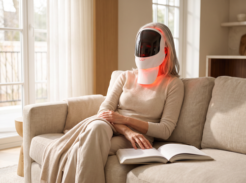 Woman in her late fifties reading on a sofa while wearing the Moranoir LED light therapy mask with the neck panel attached