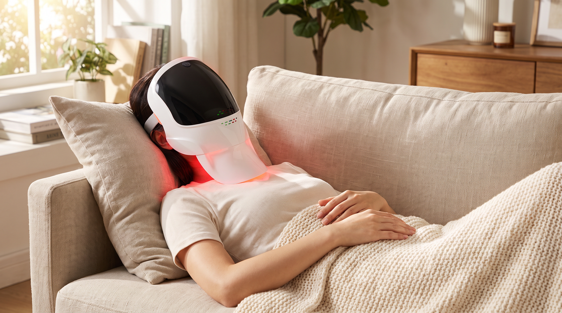 Lying back on the sofa during a cordless session with the Moranoir LED mask