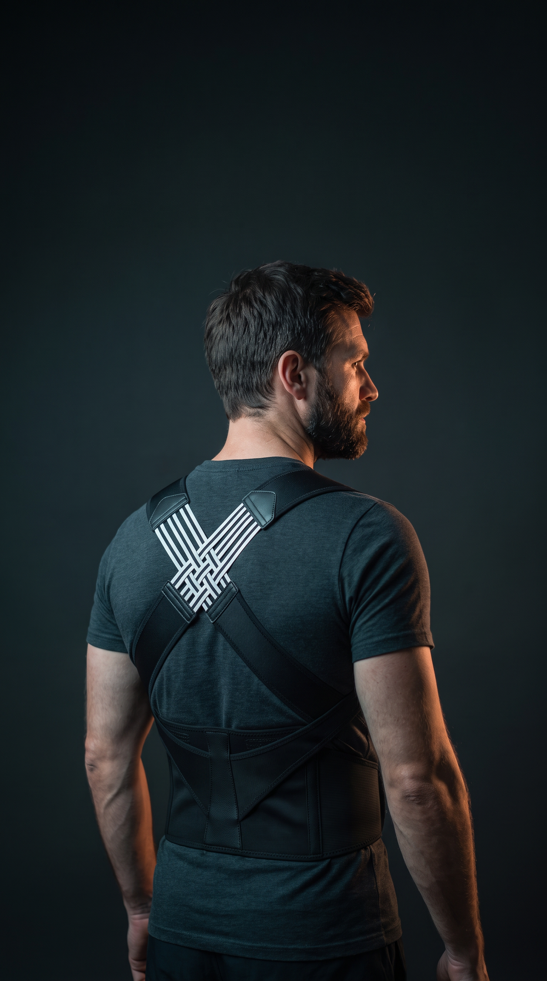 Moranoir posture corrector studio shot — man standing tall wearing the black corrector with white cross-woven straps